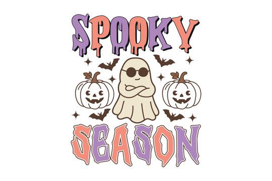 Spooky season ghost illustration with pumpkins and bats halloween design