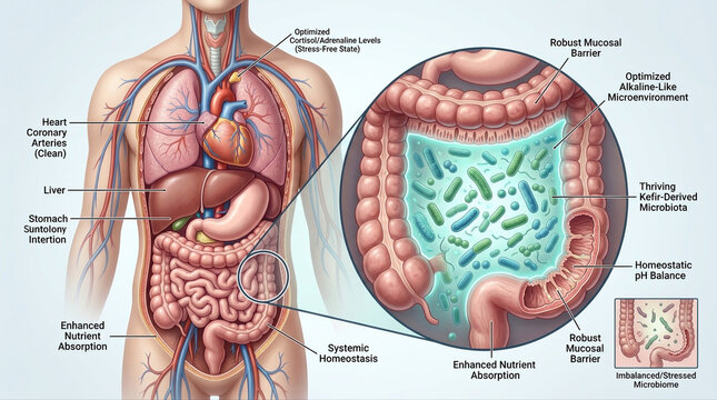 Detailed illustration of the human digestive system emphasizing the importance of kefir and gut microbiota for health