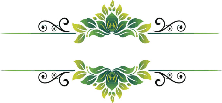 Elegant floral frame divider with green leaves and swirl flourishes ornament decorative botanical ornamental flourish illustration invitation stationery