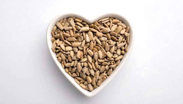 A heart-shaped bowl filled with golden-brown sunflower seeds on a white background