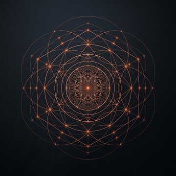Minimalist orange sacred geometry hexagram blueprint on dark background