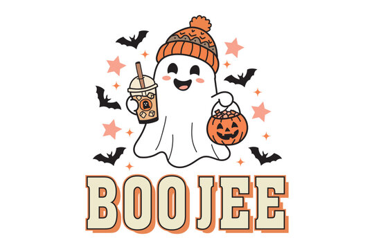 Cute ghost with bubble tea and pumpkin candy bucket halloween illustration