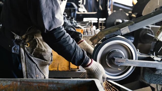 A technician uses an industrial belt grinder to sharpen and refine metal surfaces, producing sparks while wearing protective gloves in a professional manufacturing workshop setting.