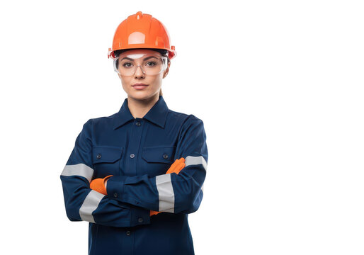 Professional woman engineer wearing orange hard hat and blue uniform standing with arms crossed