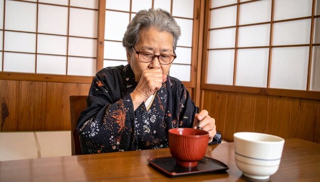 食事中に喉を詰まらせてせき込む和室の高齢女性