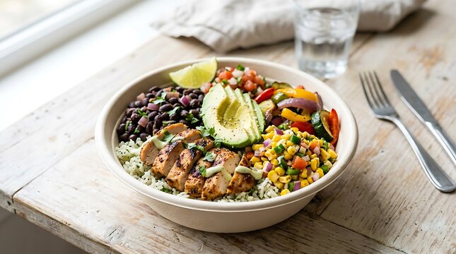 Healthy burrito bowl with black beans corn chicken and avocado on a rustic wooden table. mexican takeout