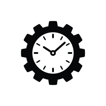 Clock with Gear Icon, Time Management and Workflow Efficiency Concept, Minimalist Silhouette Vector