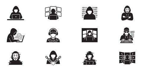 Hacker and cyber crime icon set. Anonymous person in hood, system hacking, data breach, binary code, mask, computer security threat, and glitch effect. Vector illustration. © Roberto_Caravelli