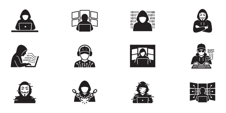 Hacker and cyber crime icon set. Anonymous person in hood, system hacking, data breach, binary code, mask, computer security threat, and glitch effect. Vector illustration.