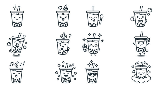 Cute Boba Tea Kawaii Stickers - Bubble Tea Character Emotes - Hand-Drawn Vector Art