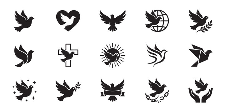Peace dove icon set. Flying white pigeon silhouettes with olive branch, heart, cross, globe, sun, broken chain and human hands. Vector illustration.