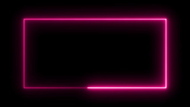Bright pink neon border frame abstract loop animation on black background with glowing line running around rectangle banner backdrop for luxury beauty gaming and music visualizer video overlays. 4k