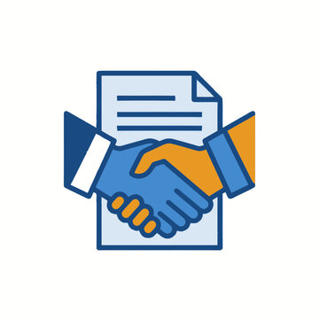 Business agreement handshake over contract document, partnership deal concept