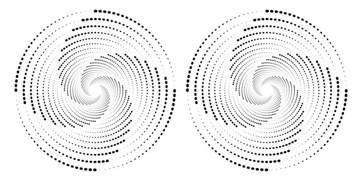 Halftone circular spiral logo set. Circular dotted isolated on the white background. Halftone fabric design.Halftone circle dots texture. Vector design element for various purposes.