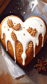A heart-shaped cake with white icing and star-shaped decorations on a dark background
