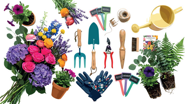 Gardening Tools and Floral Arrangement Flat Lay Vector Set with Shovel Trowel Pruning Shears Watering Can Fresh Hydrangea Roses Ferns and Plant Pots