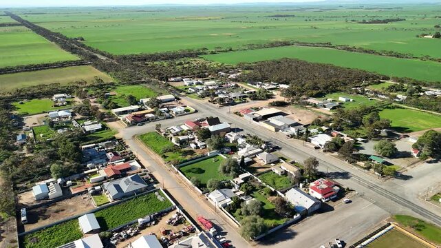 Alford, South Australia &ndash; 4K aerial drone footage of rural township, yorke peninsula farmland, agricultural landscape, residential houses, estates, country roads and australian countryside.
