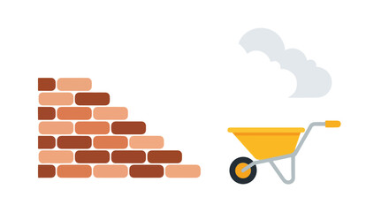 A yellow wheelbarrow stands next to an unfinished brick wall, set against a simple white background with a small grey cloud above. © Ohim