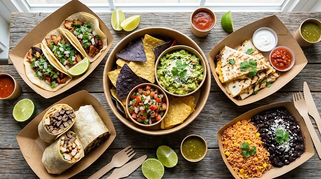 Top view of delicious mexican food feast with tacos burritos nachos and guacamole on wooden table. mexican takeout