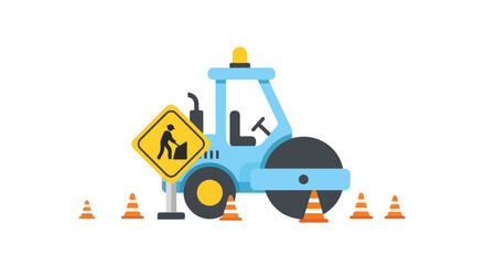 Naklejka premium This vector illustration features a light blue road roller with orange traffic cones and a yellow construction sign on a plain white background.