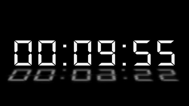 10 minute timer countdown animation, 600 to 0 countdown ten minute countdown timer animation. Animated rectangle shaped stylish smooth tailed line indicator. Digital countdown timer with reflection,
