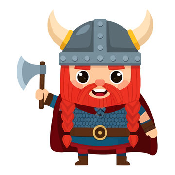Cute Viking Chibi Character holding Battle Axe Vector Illustration