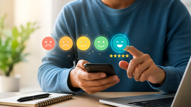Excellent customer service review and feedback ranking concept using mobile phone application
