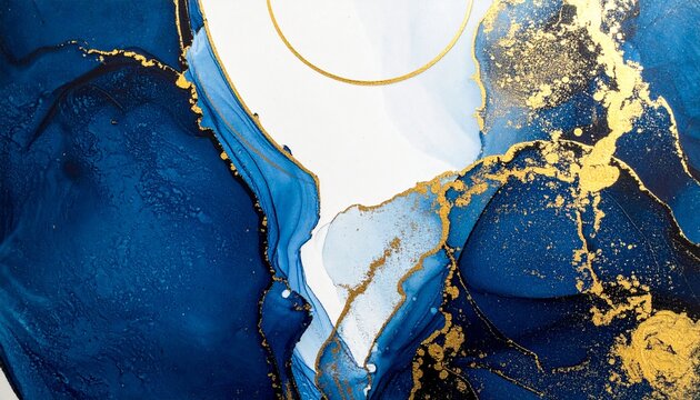 Deep blue marbled background with golden circle and accents, symbolizing luxury, elegance, and artistic abstract composition.