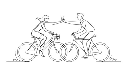 Fototapeta premium Minimalist drawing of a couple cycling together and exchanging a high five with exercise