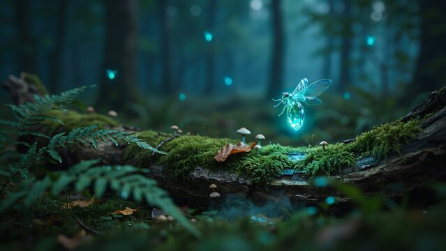 Magical glowing crystal insect hovering over a mossy forest log