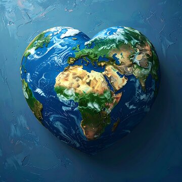 A heart-shaped Earth with blue oceans and green continents