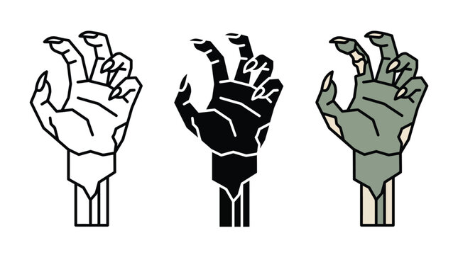 Set of three creepy zombie hand icons with sharp claws in black and white styles Vector