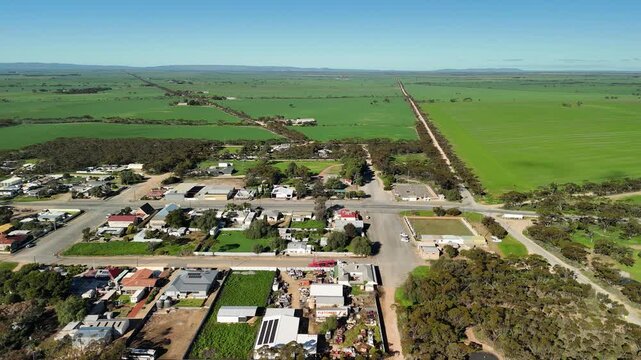 Alford, South Australia &ndash; 4K aerial drone footage of rural township, yorke peninsula farmland, agricultural landscape, residential houses, estates, country roads and australian countryside.