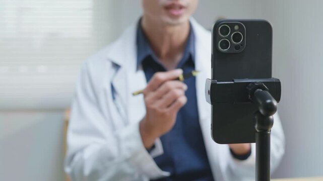 Doctor explaining treatment and medication instructions to a patient online through a smartphone during a telehealth consultation, representing remote healthcare, digital medical advice, prescription 