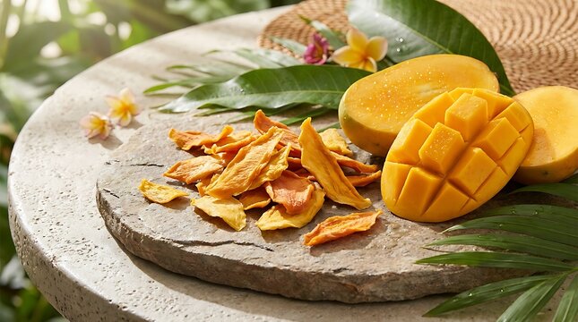 Fresh sliced mango and dried mango chips on a rustic stone board in a sunny tropical garden. dried mango flake