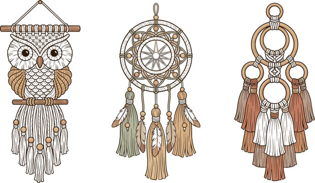 Handmade Bohemian Macrame Wall Hanging Art Vector Set Featuring Woven Owl Decor, Dreamcatcher with Feathers, and Tiered Geometric Tassel Tapestry on Wooden Dowels