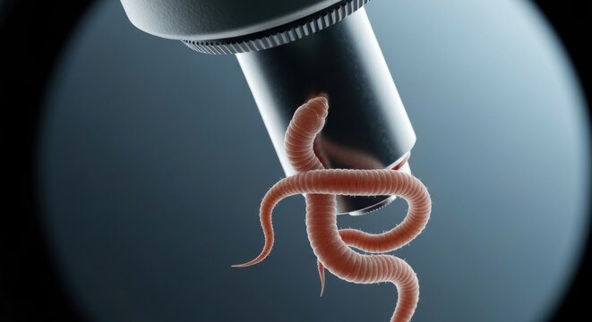 Microscope examining two segmented worms