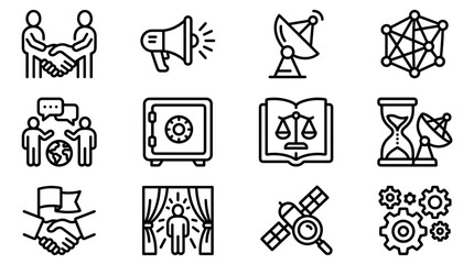 Business and Technology Icons Set: Handshake, Megaphone, Satellite, Network, Communication, Safe, Law, Time ©  yakjuj makjuj