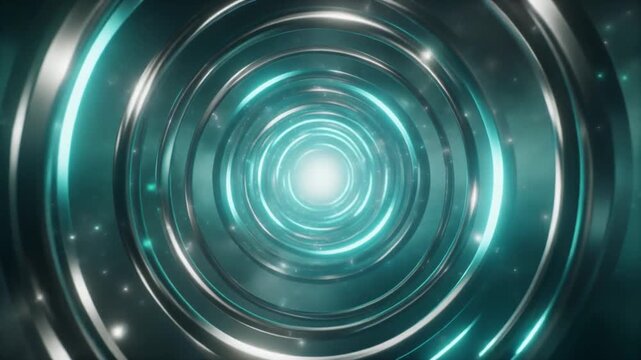 Elegant metallic rings orbit a luminous digital core with cyan energy pulses and sparkling particles, creating a premium AI infrastructure technology background with cinematic depth and copy space.