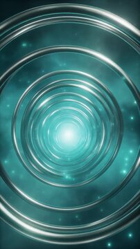 Elegant metallic rings orbit a luminous digital core with cyan energy pulses and sparkling particles, creating a premium AI infrastructure technology background with cinematic depth and copy space.