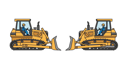 Two Yellow Bulldozers Facing Each Other with Drivers on White Background © kipas