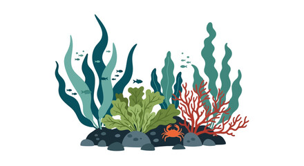 Underwater coral reef scene with diverse marine life, seaweed, and small fish © kipas