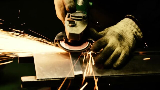 An angle grinder removes excess material from a fabricated steel component with precision sparks in an industrial workshop environment designed for professional metal fabrication tasks.