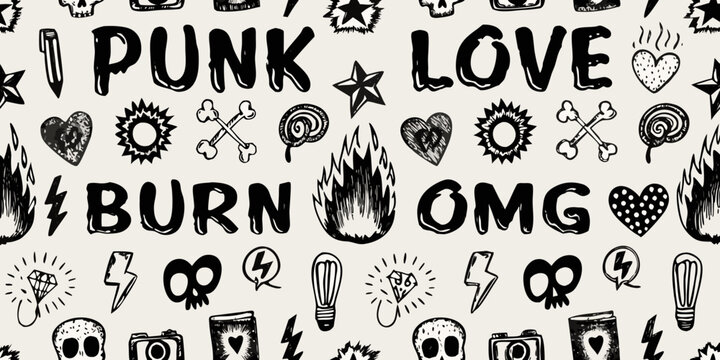 Grunge punk rock sticker pattern element with skulls and lettering