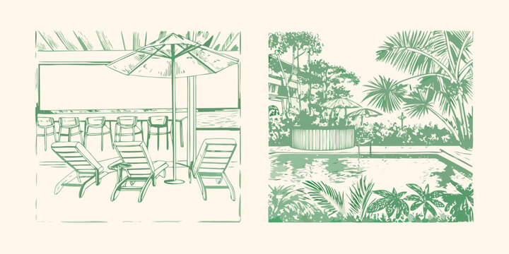 Poolside Scene Illustrations In Green Line Art Style