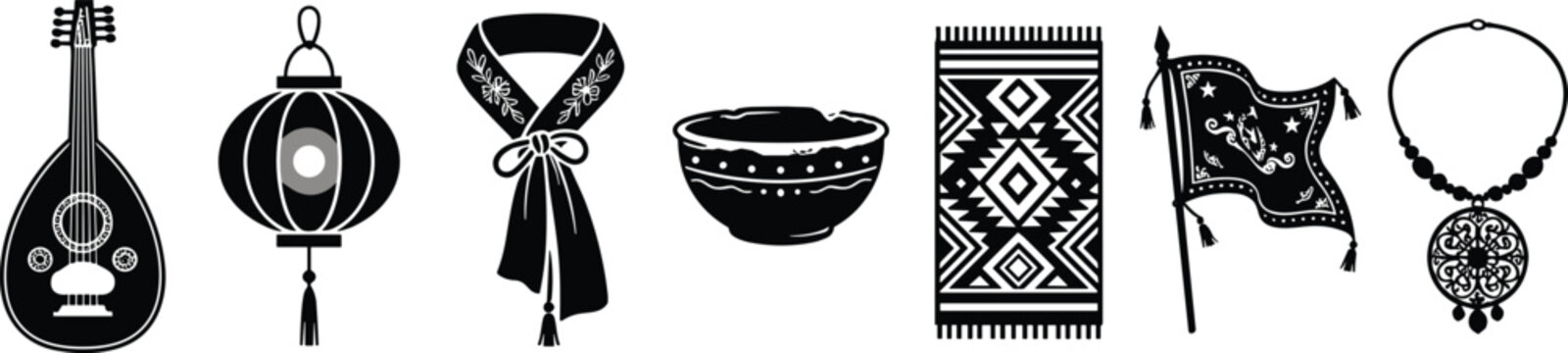 Traditional Cultural Artifacts Vector Set Featuring Lute Instrument Lantern Scarf Bowl Rug Banner Flag and Necklace Symbols