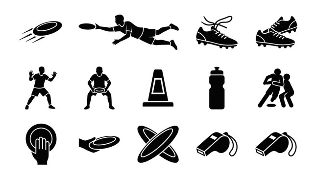 Ultimate Frisbee Sport Glyphs and Icons Set. Silhouette Vector Collection of Players, Flying Discs, Gear like Cleats, Whistles, Bottles, and Cones.