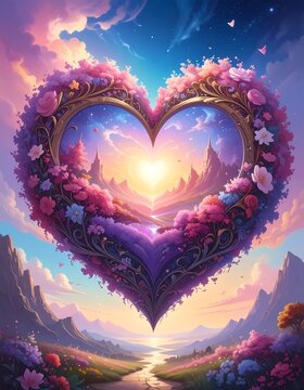 A heart-shaped floral frame surrounds a serene mountain landscape at sunset