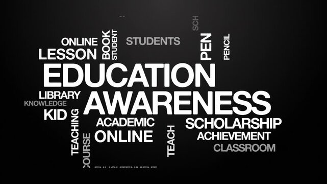 Education awareness concept Animated Tag Word Cloud kinetic typography, Text Design Animation typography seamless loop video motion graphics Intro Wordart arrangement white type on black background bg