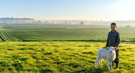 Fototapeta premium Farmer with goat standing in vast green agricultural field at sunrise, showcasing rural livestock farming and sustainable agriculture practices.